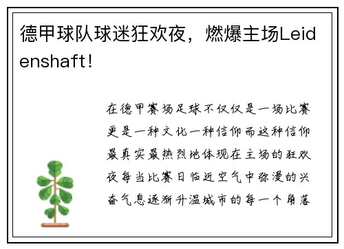 德甲球队球迷狂欢夜，燃爆主场Leidenshaft！