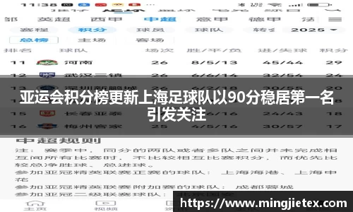 亚运会积分榜更新上海足球队以90分稳居第一名引发关注